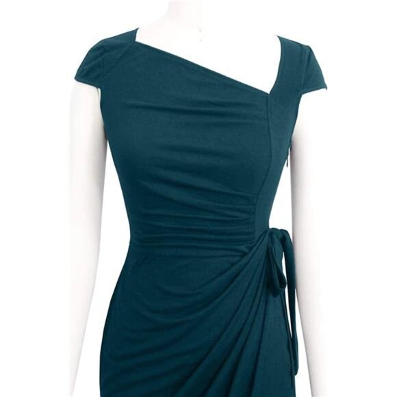 Women's Vintage Cap Sleeves Pencil Faux Wrap Dresses Teal - Picture 3 of 4